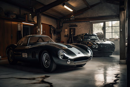 old garage with new black and silver sports car parked inside, created with generative aiの素材