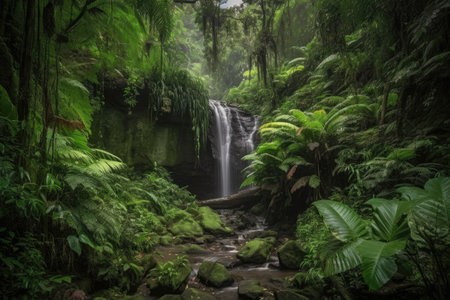 cascading waterfall amidst lush jungle foliage, created with generative aiの素材