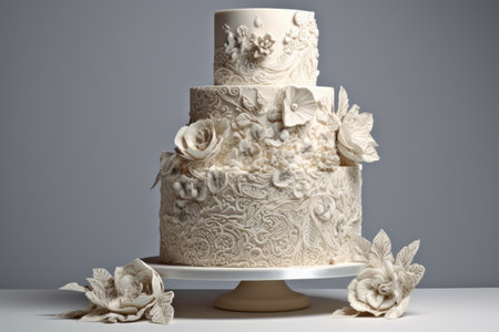 fabulous wedding cake, with floral and scroll designs, on white background, created with generative aiの素材