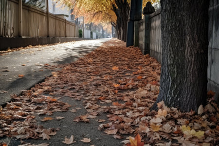 fallen leaves in a sidewalk, with the imprint of passing feet, created with generative aiの素材
