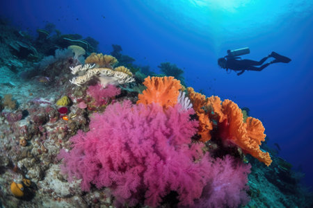 scuba diver swimming past colorful coral reef, created with generative aiの素材