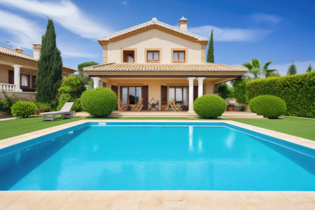 mediterrean house exterior with swimming pool and landscaped garden, created with generative aiの素材