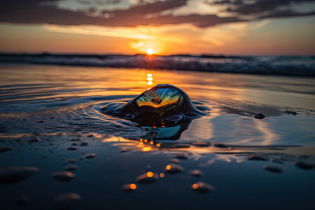oil slick in the water and against a serene sunset backdrop, created with generative aiの素材