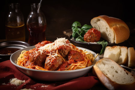 classic spaghetti and meatballs dinner, with serving of garlic bread on side, created with generative aiの素材