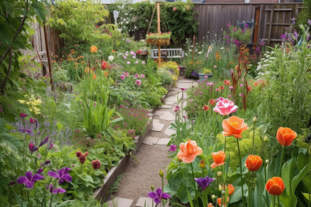 garden with tulips and other spring flowers in full bloom, created with generative aiの素材