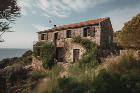 rustic stone house, surrounded by lush greenery, overlooking the sea, created with generative aiの素材