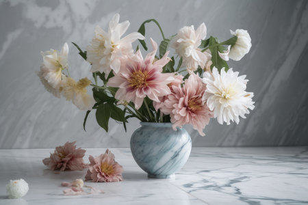 pastel flowers in vase on marble tabletop, created with generative aiの素材