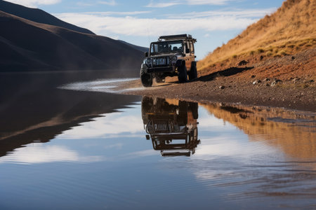off-roader passing by mountain lake, with reflection visible on the water surface, created with generative aiの素材