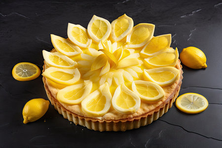 tarte au citron with a crown of glistening lemon slices, created with generative aiの素材