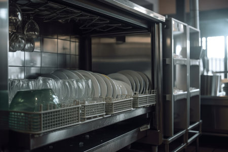 industrial dishwasher operating with soap and water in the background, ready to clean dishes, created with generative aiの素材