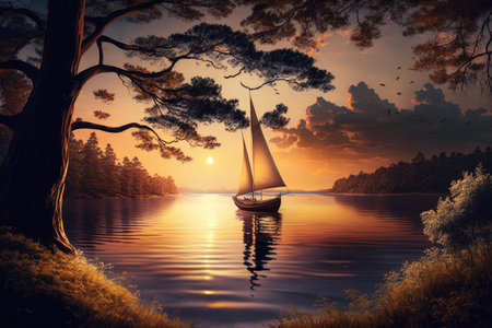 sailboat, with the sun setting over a tranquil lake, surrounded by nature, created with generative aiの素材