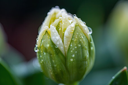 close-up of blooming flower bud, with dew drops glistening on the petals, created with generative aiの素材