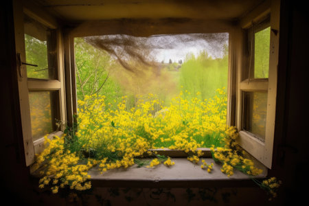window, with view of the outside world, covered in pollen and surrounded by nature, created with generative aiの素材