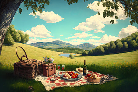 picnic in a quiet meadow, surrounded by rolling hills and sunny sky, created with generative aiの素材