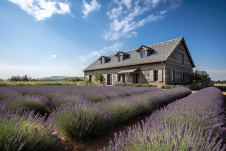farmhouse surrounded by lavender field, with view of rolling hills and blue sky, created with generative aiの素材