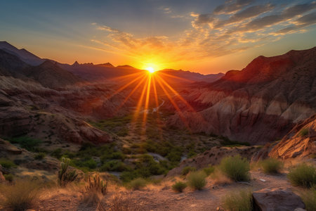 fiery canyon sunset, with the sun sinking behind mountain range, casting its last rays of light onto the landscape, created with generative aiの素材