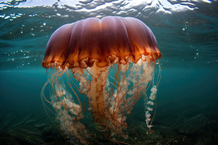 close-up of jellyfish with its long tentacles and stingers visible, created with generative aiの素材