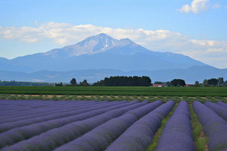 lavender field in the foreground, with mountain range visible in the background, created with generative aiの素材