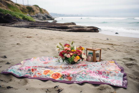 floral print picnic blanket on the beach, created with generative aiの素材