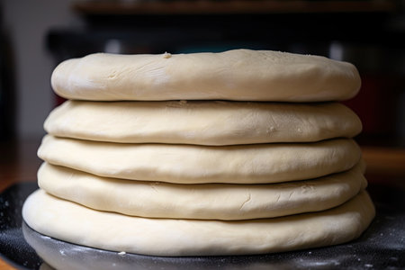 stack of pizza dough, waiting to be topped and baked into classic slice, created with generative aiの素材