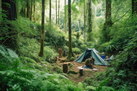 nomadic tribe setting up camp in lush green forest, created with generative aiの素材