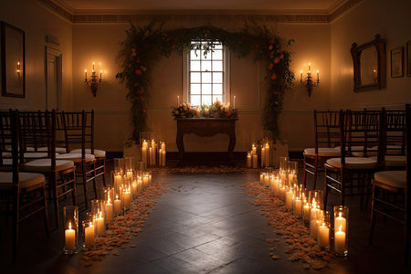 ceremony venue, with chairs and candles arranged in a romantic setting, created with generative aiの素材
