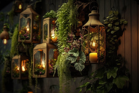 vertical garden with hanging plants and lanterns, creating cozy atmosphere, created with generative aiの素材