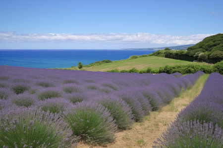 lavender field with view of the ocean, ideal for peaceful meditation, created with generative aiの素材