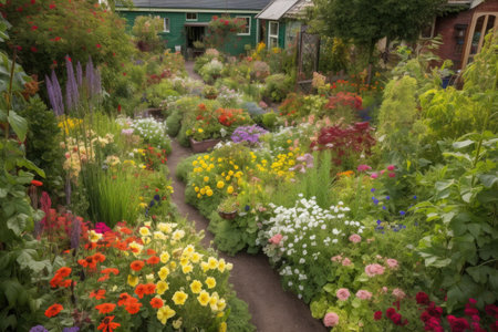 a garden bursting with color, with blooming flowers and vibrant foliage, created with generative aiの素材