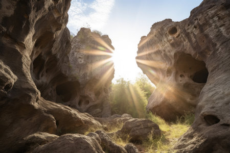 natural rock formation with the sun shining through, creating a warm and peaceful atmosphere, created with generative aiの素材