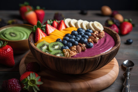 smoothie bowl topped with fresh fruits and nuts, created with generative aiの素材