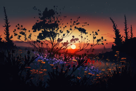 serene sunset over field of wildflowers, with the silhouette of forest in the background, created with generative aiの素材