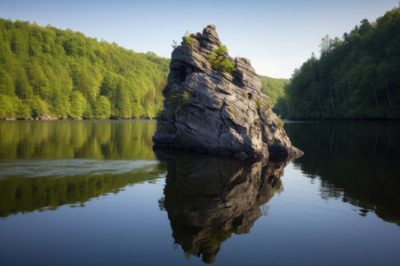 natural rock formation jutting out of a tranquil lake, created with generative aiの素材