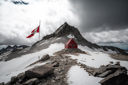 peak with red flag and ranger cabin in the distance, created with generative aiの素材