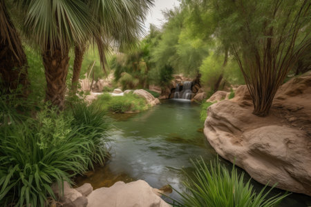 desert oasis with rushing stream and waterfall, surrounded by lush greenery, created with generative aiの素材
