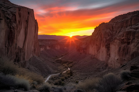 majestic sunset, with fiery sun sinking behind the horizon, and silhouetting rugged canyon walls, created with generative aiの素材