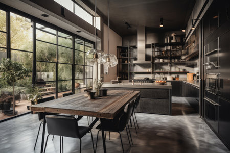 industrial home with sleek, modern kitchen and dining area, created with generative aiの素材