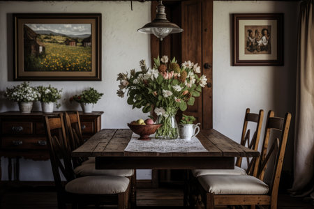 a dining room with rustic wooden table and chairs, plus a vase of fresh flowers, created with generative aiの素材