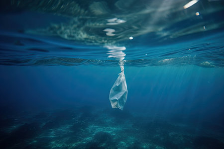 plastic bag and bottle floating in azure ocean, created with generative aiの素材