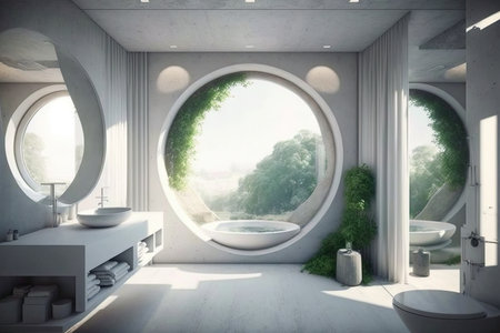 modern circular bathroom, with sleek fixtures and minimalist design, created with generative aiの素材
