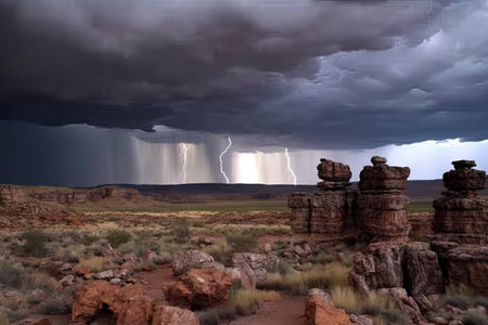 natural rock formations surrounded by stormy skies, with lightning striking in the distance, created with generative aiの素材