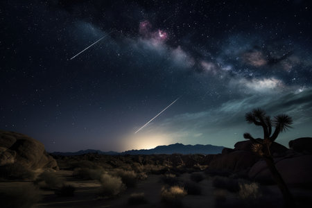 night sky with shooting stars and desert landscape in the background, created with generative aiの素材