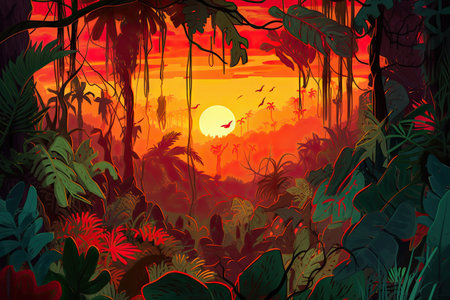 jungle with view of sunset, with vibrant colors and warm lighting, created with generative aiの素材