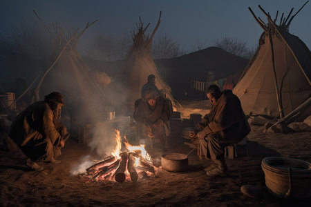 nomadic tribe settling in for night, with fires and cooking pots providing warmth, created with generative aiの素材