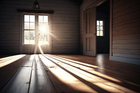 peaceful scene with sun rays shining on a wooden floor, created with generative aiの素材