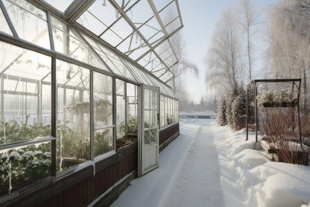 greenhouse with view of snowy winter landscape, created with generative aiの素材