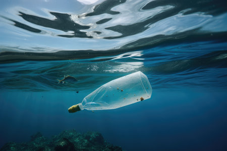 plastic bottle floating in the ocean, with fish swimming nearby, created with generative aiの素材