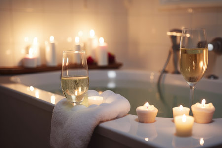 bubble bath with candles and wine for ultimate relaxation experience, created with generative aiの素材