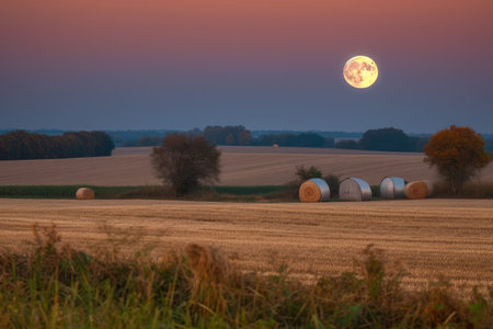 full moon shining over the harvest moon, casting its light on the fields, created with generative aiの素材