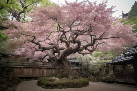 sakura tree in full bloom, surrounded by lush greenery, created with generative aiの素材